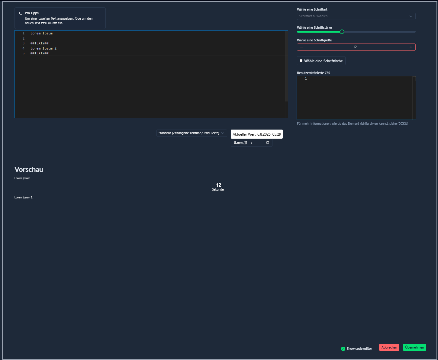 Bearbeitungsmenü für Stopuhr