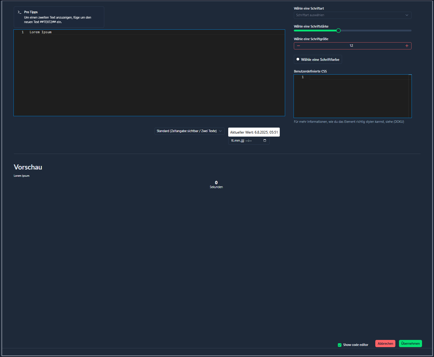 Bearbeitungsmenü für Timer