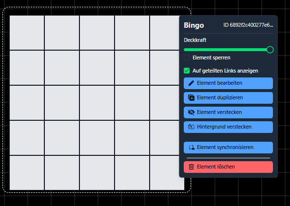 Contextmenü für Bingo