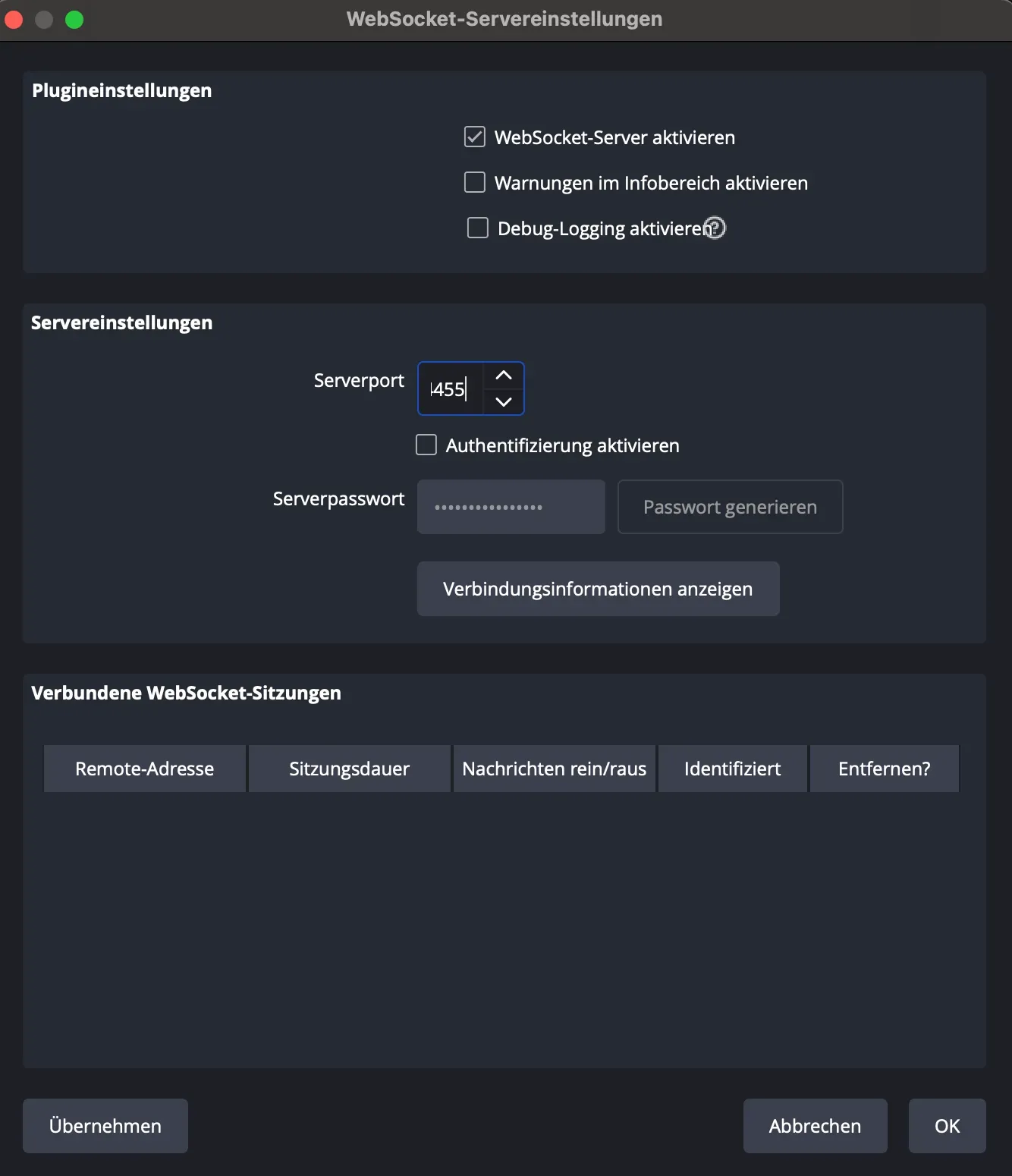 WebSocket Einstellungen OBS